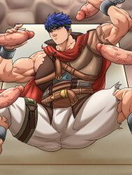 Rule 34 | 5boys, absurdres, armpit hair, baobaoart, bara, biceps, blue eyes, blue hair, commentary, cuffs, english commentary, erection, fire emblem, fire emblem: radiant dawn, green headband, headband, highres, ike (fire emblem), lying, male focus, multiple boys, muscular, muscular male, nintendo, on back, paid reward available, penis, shackles, short hair, solo focus, surrounded by penises, torn clothes, variant set, veins, veiny penis, yaoi