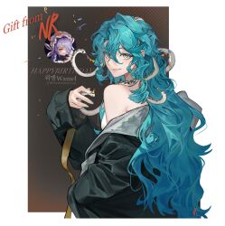 1girl absurdres bare_shoulders black_coat blue_hair border brown_background closed_mouth coat from_side green_eyes hair_between_eyes hand_up happy_birthday highres hissabeth long_hair looking_at_viewer nell_ro off_shoulder outside_border red_pupils reverse:1999 slit_pupils smile snake snake_on_head solo upper_body very_long_hair white_border
