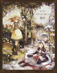 animal_ears antlers apron aqua_eyes bird boots braid brown_eyes brown_hair chibi_(shimon) cover cross-laced_footwear flower forest fur_trim green_hair highres horns inkwell long_hair meadow mittens monocle nature short_hair sitting snow standing summer twin_braids wind winter