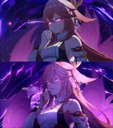 1girl animal_ears ariarozen268818 evil_smile extra_tails fox fox_ears fox_girl fox_tail genshin_impact glowing glowing_eyes highres looking_at_viewer nontraditional_miko purple_eyes slit_pupils smile solo tail yae_miko