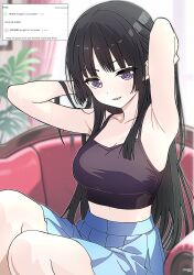 1girl armpits arms_up bang_dream! black_camisole black_hair blue_skirt blush breasts camisole cleavage commentary crop_top highres izami_md large_breasts long_hair midriff navel open_mouth pleated_skirt purple_eyes request_inset shirokane_rinko skirt solo sparkle