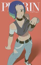 1girl absurdres armband artist_name bare_shoulders black_armband black_choker blue_hair bob_cut breasts brown_eyes cagethegegeg character_name choker clothes_lift collarbone crop_top denim gradient_hair grey_shirt highres jeans loose_hair_strand medium_breasts midriff multicolored_hair nintendo pants perrin_(pokemon) pokemon pokemon_sv ribbed_shirt shirt shirt_lift short_hair sleeveless sleeveless_shirt undershirt v-neck