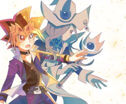 Rule 34 | 10439vu, 1boy, 1girl, black choker, black shirt, blonde hair, blue jacket, blue pants, choker, duel monster, gloves, grey hair, hair over one eye, hat, holding, holding wand, jacket, long hair, multicolored hair, muto yugi, open mouth, pants, purple eyes, shirt, silent magician, wand, white background, white gloves, white hat, wizard hat, yu-gi-oh!