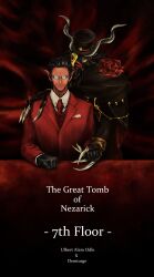 2boys absurdres black_hair black_hat chair dark-skinned_male dark_background dark_skin demiurge_(overlord) demon_boy formal_clothes glasses goat_boy goat_horns hair_slicked_back hat highres horns mogurra multiple_boys overlord_(maruyama) pointy_ears red_suit sitting suit ulbert_alain_odle