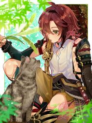 1boy absurdres ahoge aiguillette armor cat cattail genshin_impact green_eyes hair_between_eyes hakama hakama_shorts highres japanese_armor japanese_clothes jitte kote low_ponytail male_focus misoshiru_umai4 mole mole_under_each_eye mole_under_eye multicolored_hair multiple_moles plant ponytail red_hair shikanoin_heizou shirt shorts solo streaked_hair weapon