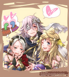 Rule 34 | 3girls, ahoge, alternate costume, blonde hair, blue eyes, breasts, cleavage, ebi puri (ebi-ebi), fire emblem, fire emblem fates, grey eyes, grey hair, low twintails, medium breasts, multiple girls, nina (fire emblem), nintendo, open mouth, ophelia (fire emblem), pink eyes, pink hair, soleil (fire emblem), twintails