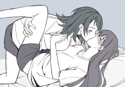 Rule 34 | 2girls, bang dream!, bang dream! it&#039;s mygo!!!!!, between legs, black hair, blue background, blush, brown hair, closed eyes, ear blush, french kiss, hand on another&#039;s shoulder, hand on another&#039;s thigh, highres, jenjen, kiss, long hair, mole, mole under eye, multiple girls, shiina taki, shirt, short sleeves, shorts, simple background, yahata umiri, yuri