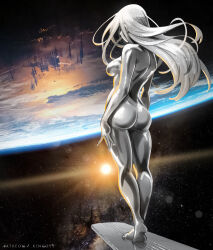 absurdres arms_at_sides artist_name ass back breasts butt_crack city commentary earth_(planet) english_commentary fantastic_four feet floating grey_nails highres horizon hoverboard kneepits legs_together lens_flare marvel marvel_cinematic_universe medium_breasts no_nipples nude planet shiny_skin shoulder_blades sideboob silver_skin silver_surfer_(shalla-bal) sky soles space star_(sky) starry_sky stepkingo_art sun upside-down