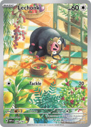animal_focus artist_name basket berry bowl card_(medium) character_name closed_eyes company_name copyright_name copyright_notice english_text food food_on_face fruit lechonk lying narumi_sato nintendo no_humans nostrils official_art on_side open_mouth pet_bowl pig plant pokemon pokemon_(creature) pokemon_card pokemon_focus pokemon_tcg potted_plant sleeping solo third-party_source trading_card window
