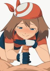 1boy 1girl animated animated_gif bandana bike_shorts blue_eyes blush brown_hair censored closed_mouth clothed_female_nude_male collared_shirt glansjob gloved_handjob gloves half-closed_eyes handjob hetero may_(pokemon) mosaic_censoring nintendo nude penis pokemon pokemon_rse red_bandana red_shirt shirt short_sleeves simple_background smile split_mouth sweat takatsuki_p white_background