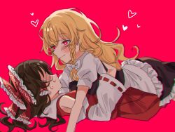 2girls amatukimahoro apron black_skirt blonde_hair blush bow braid brown_hair closed_mouth detached_sleeves hair_bow hair_tubes hakurei_reimu heart heart-shaped_pupils highres kirisame_marisa long_hair lying_on_person multiple_girls red_background red_eyes side_braid simple_background single_braid skirt smile sweat symbol-shaped_pupils touhou white_apron white_sleeves wide_sleeves yuri