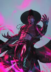 Rule 34 | 1boy, abby (kpop demon hunters), abs, aleksandra skiba, arms up, belt, black belt, black hanbok, black hat, black pants, chain, chain necklace, commentary, covered pectorals, crop top, english commentary, facial mark, fangs, feet out of frame, fingernails, fishnet top, fishnets, gat (hat), glowing, glowing eyes, hanbok, hat, highres, jewelry, korean clothes, kpop demon hunters, lips, long sleeves, looking at viewer, male focus, midriff, multiple necklaces, navel, necklace, open hanbok, pants, pectorals, sharp fingernails, shiny clothes, slit pupils, solo, studded belt, teeth, toned, toned male, wide sleeves, yellow eyes
