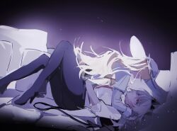 2girls black_horns black_pants black_tail blonde_hair coloki commentary_request curled_horns demon_tail hat high_heels highres horns hug long_hair looking_at_another lying multiple_girls necktie on_back pants phoebe_(wuthering_waves) red_eyes red_necktie shirt tail white_hat white_shirt wuthering_waves zani_(wuthering_waves)
