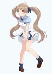 1girl :t ahoge alternate_costume between_legs black_ribbon black_socks blue_background blue_shirt blunt_bangs blush breasts brown_eyes brown_shoes clothes_lift dot_nose dress emblem eyelashes full_body hair_ribbon hakozaki_serika hand_between_legs highres idolmaster idolmaster_million_live! idolmaster_million_live!_theater_days knees_together_feet_apart lone_nape_hair long_hair looking_at_viewer mary_janes medium_breasts neck_ribbon pinafore_dress pout puffy_short_sleeves puffy_sleeves ribbon round_collar shirt shoes short_sleeves sidelocks simple_background skirt skirt_lift sleeveless sleeveless_dress socks solo summer_elementary_school_(idolmaster) summer_uniform summer_uniform_series_(idolmaster) twintails very_long_hair wavy_hair white_dress wind wind_lift yukipo_p