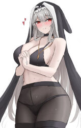 1girl absurdres arknights black_choker black_headwear blush bra choker cross cross_necklace grey_hair habit heart highres jewelry long_hair looking_at_viewer namikare necklace nun panties pantyhose pendant red_eyes specter_(arknights) sweat underwear very_long_hair