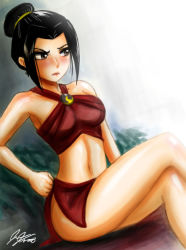 1girl annoyed armpits arms_at_sides artist_request avatar:_the_last_airbender avatar_legends azula barefoot bikini bikini_skirt black_hair blush breasts brown_eyes clenched_hands collarbone crossed_legs eyelashes feet female_focus hair_bun hand_on_own_hip legs long_hair looking_away medium_breasts midriff navel neck official_alternate_costume outdoors parted_bangs raised_eyebrow red_bikini shiny_clothes shiny_skin single_hair_bun sitting swimsuit thighs tsundere