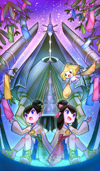 1boy 1girl :d :o absurdres black_hair brother_and_sister celesteela gen_3_pokemon gen_7_pokemon highres jewelry jirachi legendary_pokemon liza_(pokemon) liza_(summer_2023)_(pokemon) long_sleeves meta-g_(curc8737) mythical_pokemon necklace nintendo official_alternate_costume open_mouth pokemon pokemon_(creature) pokemon_masters_ex purple_hair sandals shirt siblings sitting smile tanzaku tate_(pokemon) tate_(summer_2023)_(pokemon) twins ultra_beast