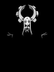 1girl absurdres blending deus_ex_maki-chan gloves greyscale highres horns long_hair looking_at_viewer mechanical_horns monochrome nazo_no_diaboro open_mouth original outstretched_arms ringed_eyes solo spread_arms staring wide-eyed