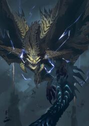 dragon electricity gold_scales highres horns monster monster_focus monster_hunter_(series) monster_hunter_wilds no_humans open_mouth rey_dau roja_(rex126) scales sharp_teeth spiked_wings tail teeth wings wyvern