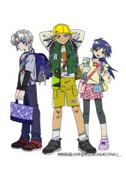 Rule 34 | 1girl, 2boys, aged down, alternate costume, backpack, bag, black hair, black pants, blue eyes, blue hair, brown eyes, dinosaur print, edo phoenix, green vest, grey hair, group picture, highres, long hair, medium hair, multiple boys, neko (dameotaku), pants, pink skirt, print shirt, saotome rei, shirt, short hair, shorts, simple background, skirt, tyranno kenzan, vest, white background, white shirt, yellow shorts, yu-gi-oh!, yu-gi-oh! gx