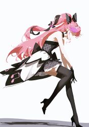 1girl absurdres black_bow black_choker black_dress black_gloves black_hair black_shoes black_thighhighs bow choker coattails cobwvmeti cure_kiss dress earrings gloves gradient_hair hair_bow high_heels highres invisible_chair jewelry kimi_to_idol_precure long_hair multicolored_hair musical_note petticoat pink_hair ponytail precure purple_hair shoes simple_background sitting sleeveless sleeveless_dress solo thighhighs very_long_hair white_background