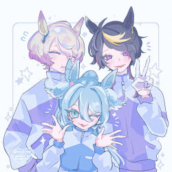 1girl 2boys alternate_costume animal_ears black_hair blue_hair bow claude_clawmark ear_ornament ear_ribbon elira_pendora gloves highres horse_ears horse_girl horse_tail jacket kemonomimi_mode multiple_boys nijisanji nijisanji_en oooploop open_hands shu_yamino simple_background smile tail track_jacket track_suit v virtual_youtuber white_background white_hair