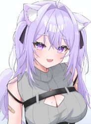 1girl :d absurdres ahoge animal_ear_fluff animal_ears bandaid bandaid_on_arm bare_shoulders belt black_belt black_ribbon breasts cat_ears cat_girl cat_tail chest_belt chinese_commentary cleavage_cutout clothing_cutout commentary_request fang hair_between_eyes hair_intakes hair_ribbon highres hololive large_breasts light_blush long_hair looking_at_viewer nekomata_okayu nekomata_okayu_(8th_costume) official_alternate_costume open_mouth purple_eyes purple_hair ribbon sidelocks skin_fang sleeveless sleeveless_sweater slit_pupils smile solo sweat sweater tail tillots turtleneck turtleneck_sweater twintails upper_body virtual_youtuber white_background