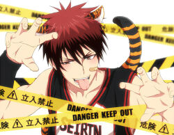 1boy animal_ears bandaid bandaid_on_cheek bandaid_on_face basketball_jersey caution_tape collarbone gao hair_between_eyes hiyuka_(nyan) kagami_taiga kuroko_no_basuke light_blush looking_at_viewer male_focus open_mouth orange_eyes red_hair shirt short_hair sign sleeveless sleeveless_shirt solo tail teeth tiger_boy tiger_ears tiger_tail tongue tongue_out upper_body warning_sign white_background