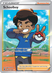 1boy ;d artist_name blue_sky blue_sweater brown_eyes brown_hair card_(medium) character_name child cloud collared_shirt company_name copyright_name copyright_notice day english_text grass grey_pants holding holding_poke_ball ishikawa_hideki male_focus nintendo official_art one_eye_closed open_mouth outdoors pants poke_ball poke_ball_(basic) pokemon pokemon_card pokemon_swsh pokemon_tcg schoolboy_(pokemon) shirt short_hair sky smile solo sparkle standing sweater teeth thick_eyebrows third-party_source trading_card v yellow_shirt