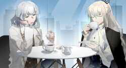 1boy 1girl absurdres black_tiara blue_eyes braid closed_eyes fate/grand_order fate_(series) grey_hair hair_between_eyes half_up_braid highres long_hair morgan_le_fay_(fate) oberon_(fate) oberon_(third_ascension)_(fate) ponytail short_hair sitting tea tiara white_hair yebeiming