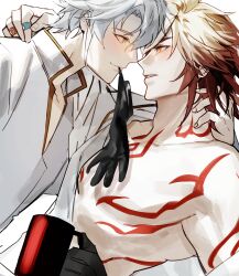 2boys absurdres arm_tattoo black_gloves blonde_hair blue_eyes blush chest_tattoo coat collared_coat commentary cup gloves gradient_hair hair_between_eyes hand_on_another&#039;s_neck highres holding holding_cup honkai:_star_rail honkai_(series) jujeop male_focus medium_hair mouth_hold multicolored_hair multiple_boys mydei_(chrysos_chef)_(honkai:_star_rail) mydei_(honkai:_star_rail) neck_tattoo official_alternate_costume open_clothes open_coat phainon_(chrysos_chef)_(honkai:_star_rail) phainon_(honkai:_star_rail) red_hair red_tattoo simple_background tattoo toned toned_male unworn_gloves white_background white_coat white_hair yaoi yellow_eyes