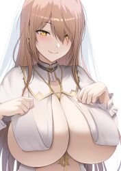 1girl between_breasts blush breasts brown_hair cleavage diisuke earrings jewelry large_breasts long_hair necklace nijisanji nui_sociere nui_sociere_(6th_costume) simple_background smile solo underwear veil virtual_youtuber white_background yellow_eyes
