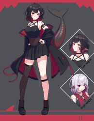 Rule 34 | 1girl, absurdres, black choker, black jacket, black nails, black shirt, black shoes, black skirt, breasts, choker, cleavage, closed mouth, fins, fish tail, fishnet leotard, fishnet thighhighs, fishnets, highres, indie virtual youtuber, jacket, large breasts, leotard, leotard under clothes, looking at viewer, miya mareena, nail polish, red eyes, red hair, red jacket, see-through tail, seitokai satoo-sgr, shark girl, shark tail, shirt, shoes, short hair, single thighhigh, skirt, solo, tail, thighhighs, two-sided fabric, two-sided jacket, virtual youtuber
