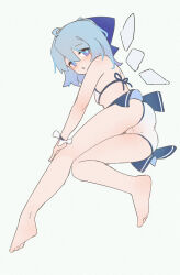 1girl absurdres ahoge ass bare_legs barefoot bikini blue_bow blue_eyes blue_hair blue_trim bow cirno full_body gumingdi_ban hair_bow highres ice ice_wings looking_at_viewer looking_back short_hair simple_background solo string_bikini swimsuit touhou white_background white_bikini wings