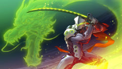 Rule 34 | 1boy, absurdres, armor, bodysuit, dragon, fighting stance, genji (overwatch), highres, katana, male focus, ninja, overwatch, overwatch 1, patipat asavasena, power armor, solo, sword, weapon