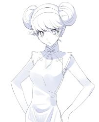1girl blush bow center_opening china_dress chinese_clothes chinese_hairstyle cyborg cyborg_009 double_bun dress earrings francoise_arnoul hair_bun hairband hands_on_own_hips highres jewelry looking_at_viewer mandarin_collar tight_clothes upper_body white_bow white_hairband white_trim yagi_009