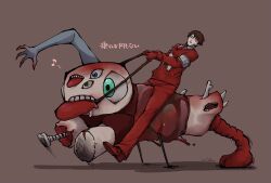 1boy armband blood bone e.g.o_(project_moon) employee_(project_moon) extra_eyes extra_mouth full_body grey_armband highres holding holding_reins jacket lobotomy_corporation mimicry_(e.g.o) nothing_there nugget_(project_moon) one-hour_drawing_challenge open_mouth pants pink_background project_moon red_jacket red_pants red_shoes reins riding shoes simple_background solo yatsumeunagi