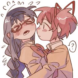 &gt;_&lt; 2girls ? akemi_homura black_hair black_hairband blush bow bowtie braid brown_shirt closed_mouth ezier hair_ribbon hairband highres juliet_sleeves kaname_madoka long_sleeves mahou_shoujo_madoka_magica mahou_shoujo_madoka_magica_(anime) mitakihara_school_uniform multiple_girls open_mouth pink_hair puffy_sleeves red_bow red_bowtie red_ribbon ribbon school_uniform shirt short_twintails simple_background spoken_question_mark twin_braids twintails upper_body white_background yuri
