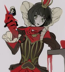 1girl american_mcgee&#039;s_alice black_hair blood closed_mouth crown doll dress green_eyes holding holding_doll looking_at_viewer medium_hair pankepen queen_of_hearts_(alice_in_wonderland) short_hair simple_background upper_body