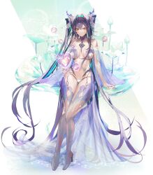 1girl absurdres alternate_costume aqua_hair bare_shoulders black_hair blush breasts bridal_gauntlets bubble closed_mouth full_body goddess_of_victory:_nikke hair_intakes hair_ornament high_heels highres little_mermaid_(nikke) long_hair medium_breasts multicolored_hair navel revealing_clothes sitting smile solo two-tone_hair white_background wogen769 yellow_eyes