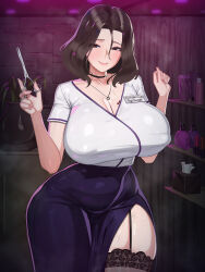 1girl black_thighhighs blush breasts brown_hair choker cleavage curvy garter_straps highres huge_breasts indoors jewelry long_skirt looking_at_viewer mature_female medium_hair necklace nuo_(30340120) original purple_skirt ring scissors shirt short_sleeves side_slit skirt smile solo thighhighs white_shirt
