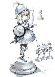 4girls armor armored_dress black_eyes black_thighhighs blonde_hair chess_piece commentary dress english_commentary expressionless feathered_helmet full_body greaves helmet highres holding holding_shield holding_sword holding_weapon kvxart multiple_girls object_and_personification original parted_lips pawn_(chess) personification scabbard sheath shield simple_background standing sword thighhighs twitter_username weapon white_background