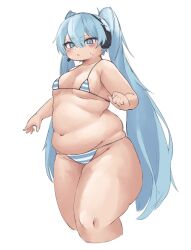 1girl bikini blue_eyes blue_hair blush breasts hair_between_eyes hatsune_miku headphones headset long_hair long_twintails micro_bikini nantekottai25 navel plump small_breasts solo standing striped_bikini striped_clothes sweat swimsuit thick_thighs thighs twintails very_long_hair vocaloid white_background
