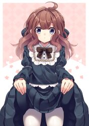1girl absurdres ahoge ani_inako black_dress blue_eyes border bow brown_bow brown_hair closed_mouth clothes_lift dame_x_prince dot_nose dress highres long_hair long_sleeves looking_at_viewer nanahi_tsubaki pantyhose skirt skirt_lift solo white_border white_pantyhose