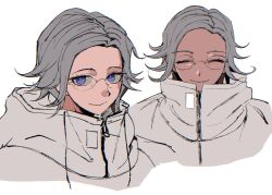 1boy ^_^ aotsuki_eito closed_eyes commentary cropped_shoulders english_commentary facing_viewer glasses grey_hair highres jacket looking_at_viewer male_focus multiple_views nodplus50pts portrait purple_eyes short_hair simple_background smile the_hundred_line_-last_defense_academy- white_background white_jacket