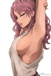 Rule 34 | 1girl, armpits, arms behind head, black clover, breasts, closed eyes, earrings, floating earring, from side, grey shirt, highres, jewelry, lady shin, large breasts, long hair, open mouth, patreon username, pink hair, presenting armpit, shirt, sideboob, sleeveless, sleeveless shirt, solo, vanessa enoteca, white background