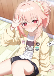 1girl absurdres aoto_mei asymmetrical_hair bike_shorts_under_skirt black_shorts black_skirt blue_archive blush commentary_request hair_bun halo highres jacket long_sleeves looking_at_viewer miniskirt natsu_(band)_(blue_archive) natsu_(blue_archive) open_mouth paid_reward_available pink_hair pink_halo pleated_skirt red_eyes shirt short_hair short_shorts shorts single_side_bun sitting skirt solo v variant_set white_shirt yellow_jacket