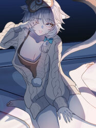 1girl absurdres alternate_costume animal_ears barefoot black_camisole blue_eyes breasts camisole cat_ears cat_girl cat_tail cipher_(honkai:_star_rail) cleavage commentary_request feet grey_hair grey_sweater highres honkai:_star_rail honkai_(series) large_breasts mole mole_under_mouth oekakidekinai1 rubbing_eyes short_hair_with_long_locks sitting sleep_mask solo sweater tail tongue tongue_out wariza