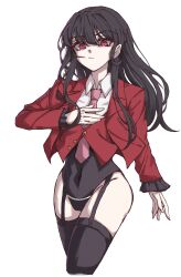 1girl absurdres black_hair black_leotard collared_shirt covered_navel frilled_cuffs garter_straps highres jacket leotard long_hair lucifer_(umineko) necktie petra_(jgc845601) pink_necktie red_eyes shirt solo suit_jacket umineko_no_naku_koro_ni white_shirt