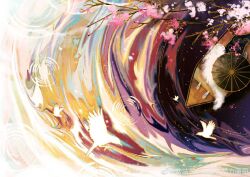 bird black_umbrella boat branch cherry_blossoms chinese_commentary commentary_request falling_petals from_above gugu_gugu light_particles no_humans oil-paper_umbrella original outdoors petals ripples sunset umbrella watercraft watermark weibo_watermark white_bird